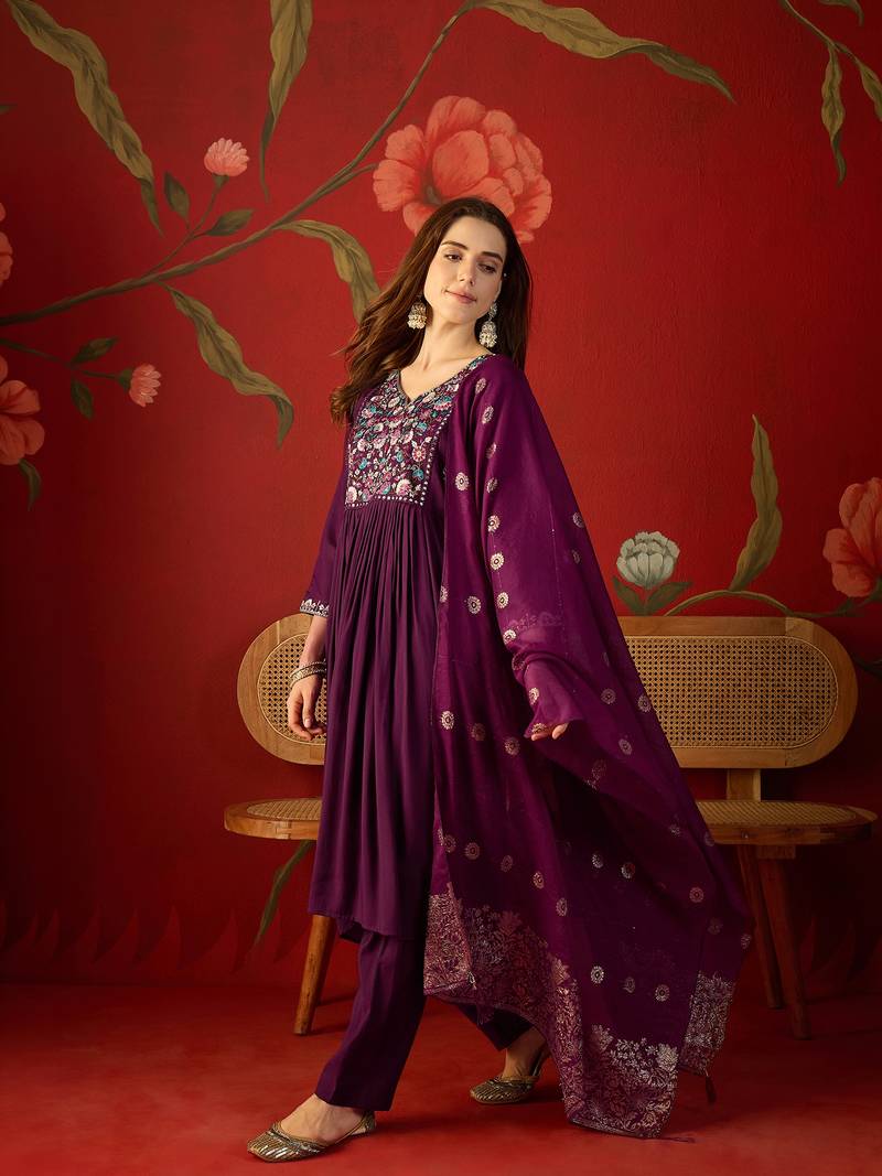 Wine embroidered roman anarkali kurta pant & banarasi jacquard dupatta set