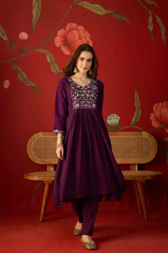 Wine embroidered roman anarkali kurta pant & banarasi jacquard dupatta set
