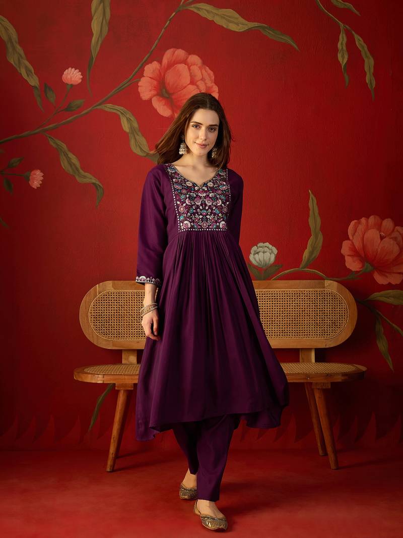 Wine embroidered roman anarkali kurta pant & banarasi jacquard dupatta set