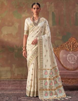 White soft silk blend printed work saree with blouse 1