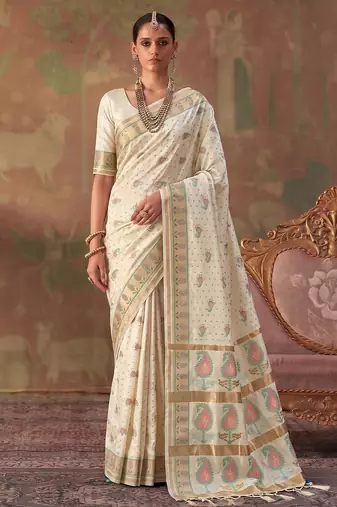 White soft silk blend printed work saree with blouse