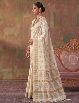 White soft silk blend printed work saree with blouse 2