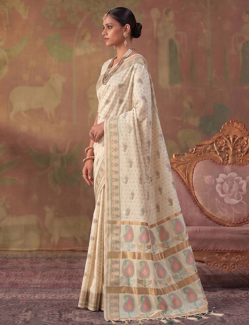 White soft silk blend printed work saree with blouse