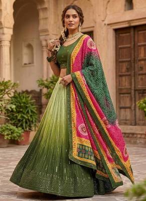 Olive Green color sequins thread work Chinon silk blend lehnga Choli Set 1