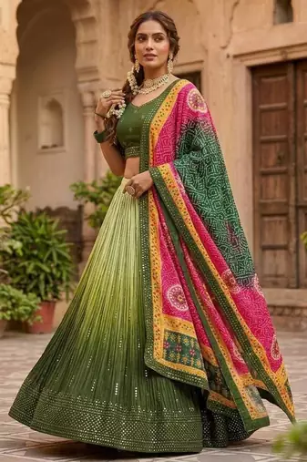 Olive Green color sequins thread work Chinon silk blend lehnga Choli Set
