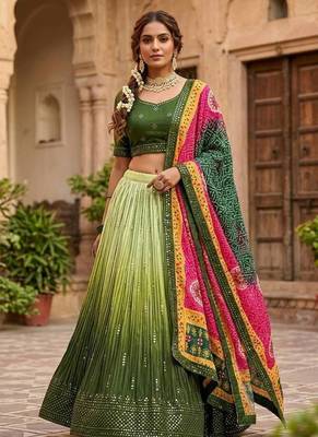 Olive Green color sequins thread work Chinon silk blend lehnga Choli Set 2