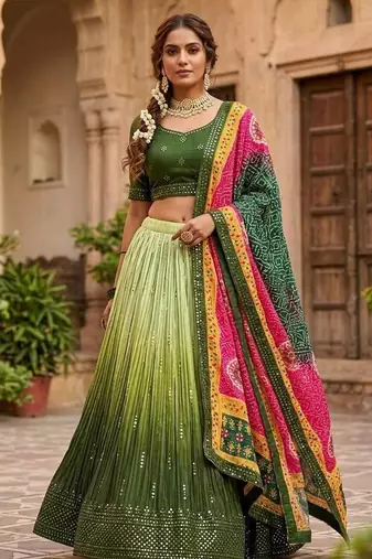 Olive Green color sequins thread work Chinon silk blend lehnga Choli Set