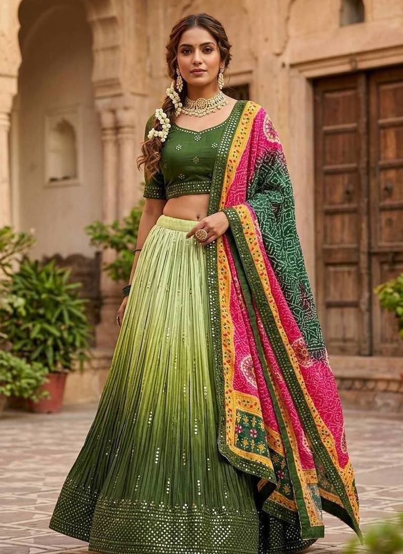 Olive Green color sequins thread work Chinon silk blend lehnga Choli Set