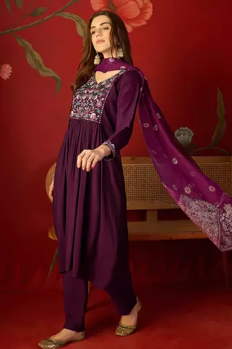 Wine embroidered roman anarkali kurta pant & banarasi jacquard dupatta set