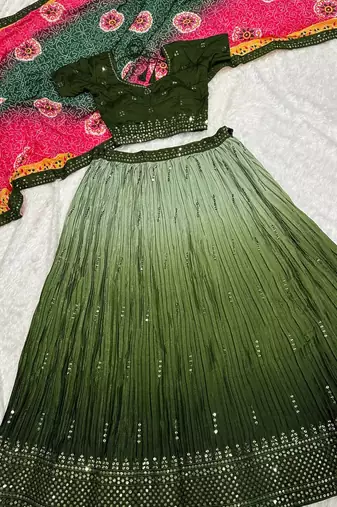 Olive Green color sequins thread work Chinon silk blend lehnga Choli Set