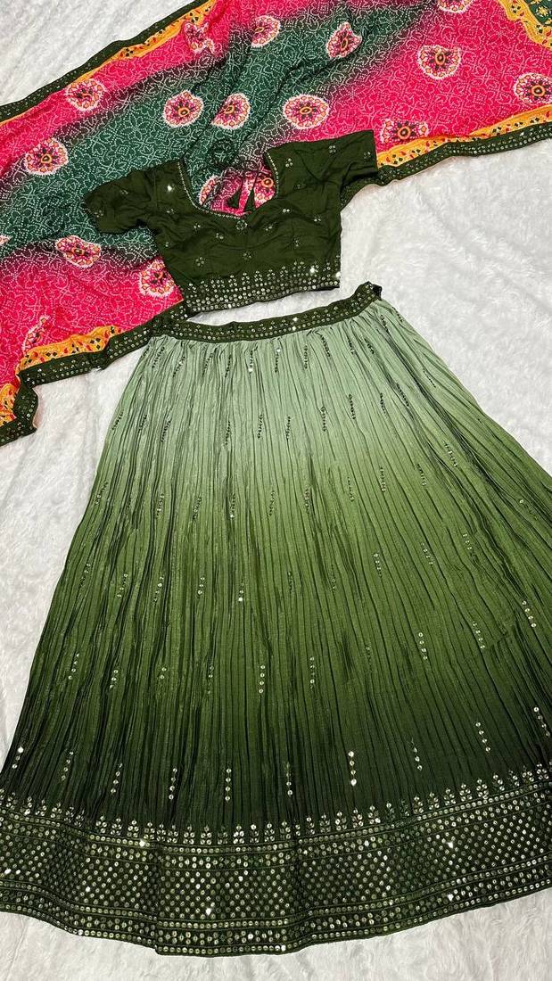Olive Green color sequins thread work Chinon silk blend lehnga Choli Set