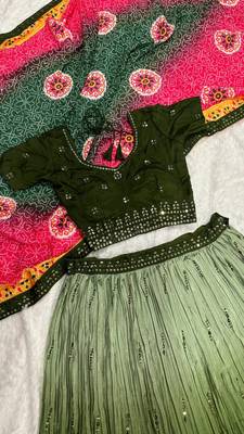 Olive Green color sequins thread work Chinon silk blend lehnga Choli Set 4