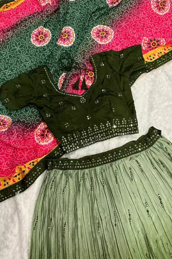 Olive Green color sequins thread work Chinon silk blend lehnga Choli Set