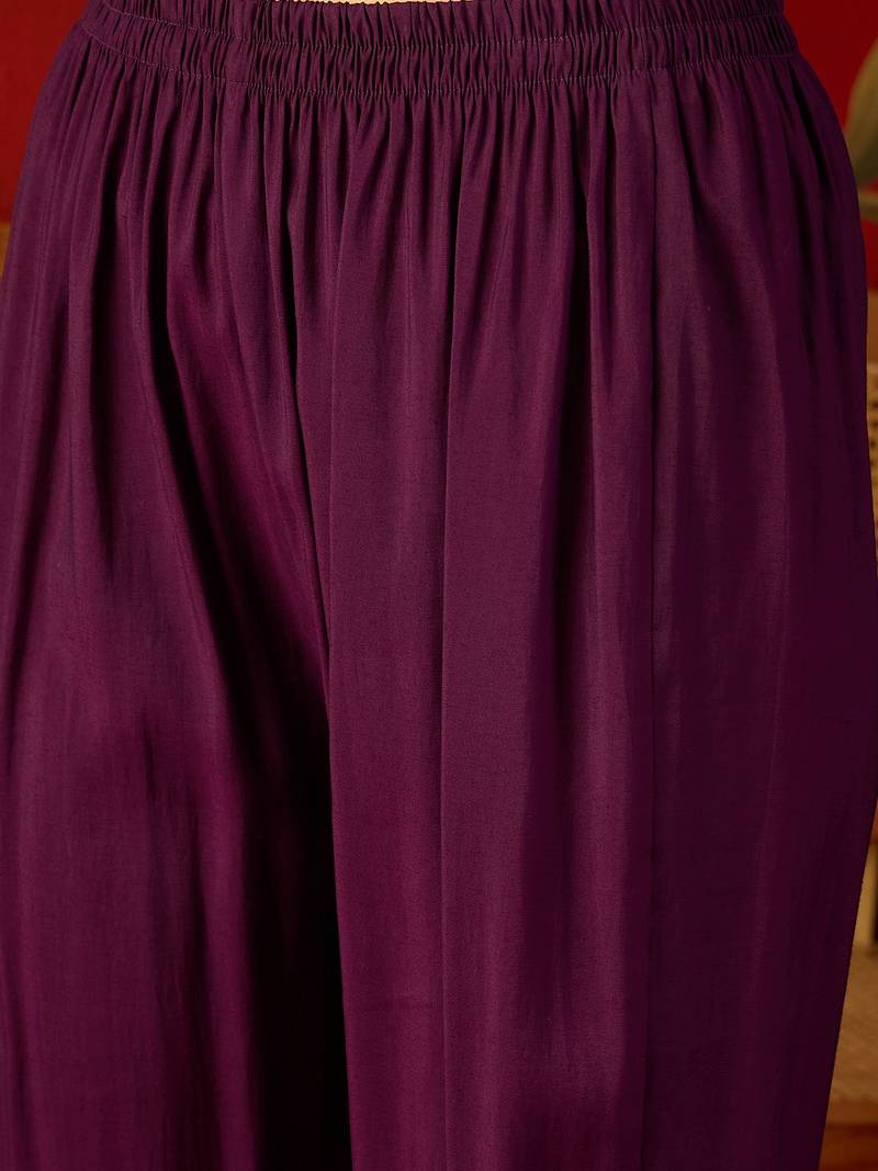Wine embroidered roman anarkali kurta pant & banarasi jacquard dupatta set