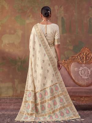 White soft silk blend printed work saree with blouse 3