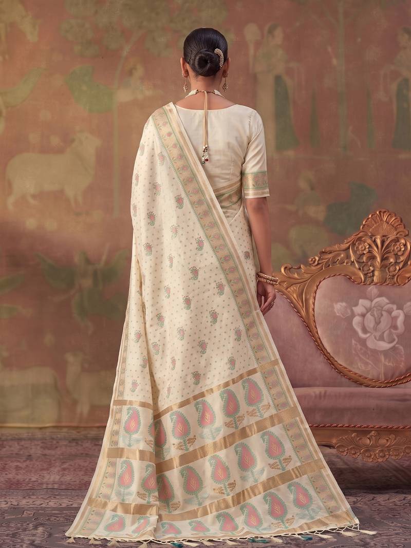 White soft silk blend printed work saree with blouse