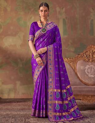 Purple soft silk blend printed work saree with blouse 1