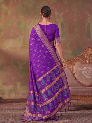 Purple soft silk blend printed work saree with blouse 3