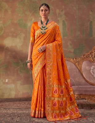 Orange soft silk blend printed work saree with blouse 1