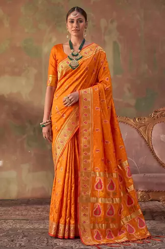 Orange soft silk blend printed work saree with blouse