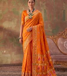 Orange soft silk blend printed work saree with blouse