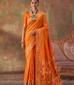 Orange soft silk blend printed work saree with blouse