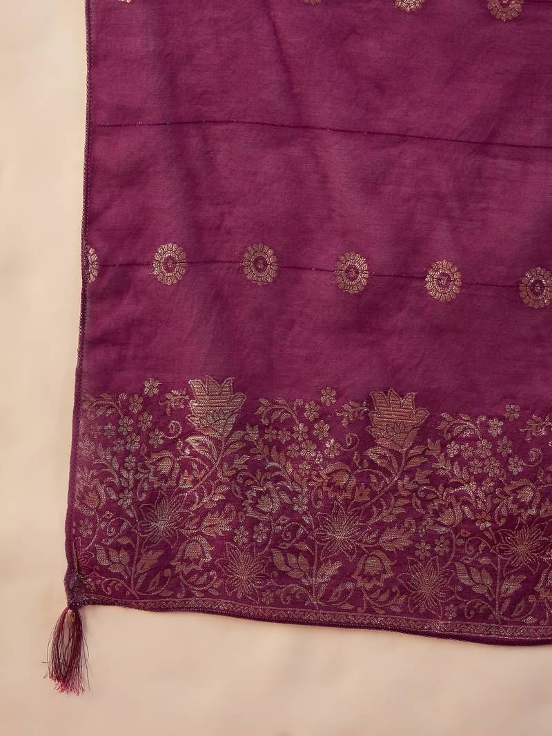 Wine embroidered roman anarkali kurta pant & banarasi jacquard dupatta set