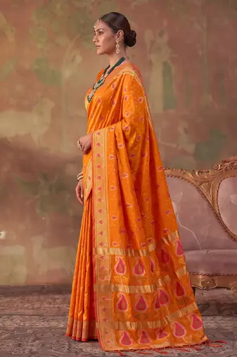 Orange soft silk blend printed work saree with blouse