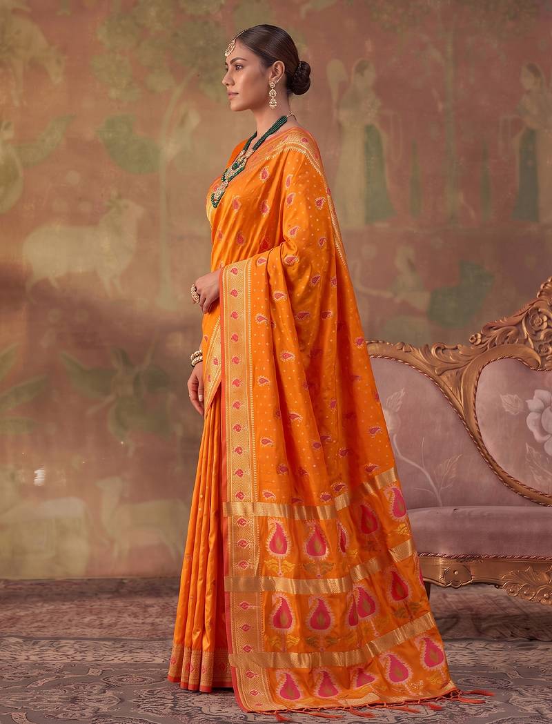 Orange soft silk blend printed work saree with blouse