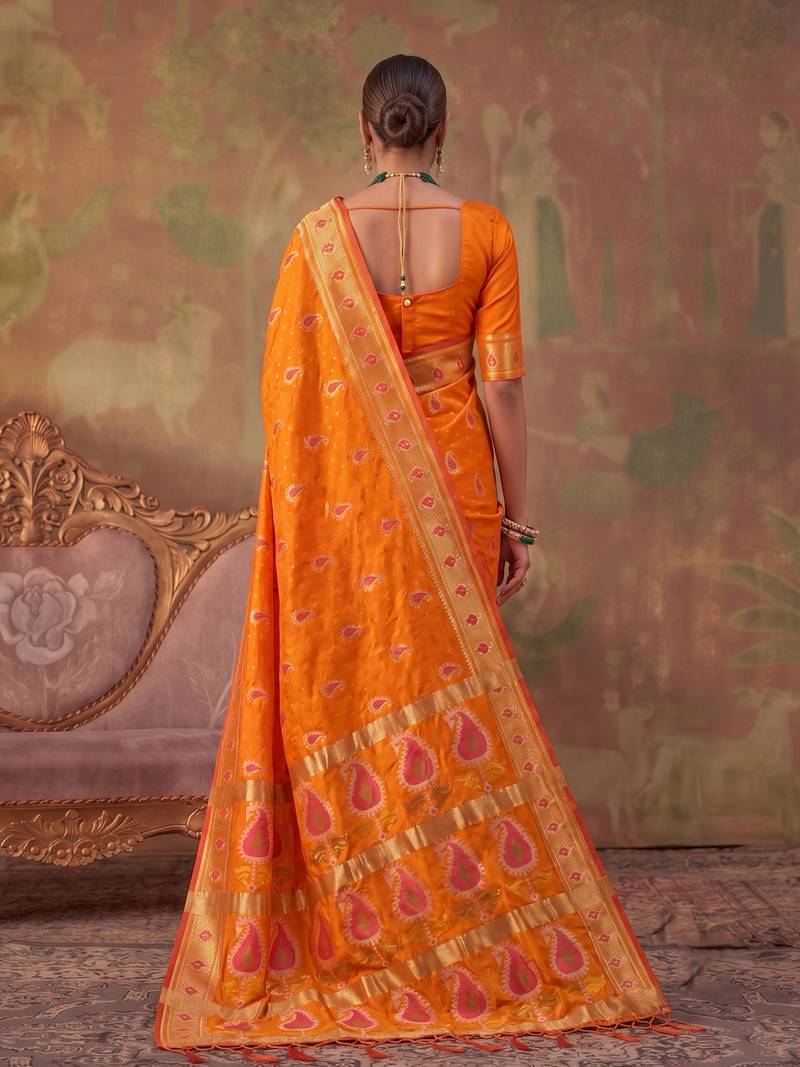 Orange soft silk blend printed work saree with blouse