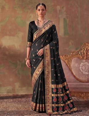 Black soft silk blend printed work saree with blouse 1