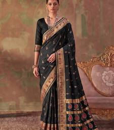Black soft silk blend printed work saree with blouse