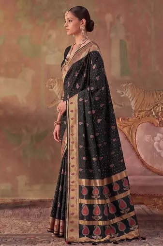 Black soft silk blend printed work saree with blouse