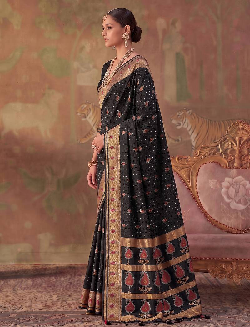 Black soft silk blend printed work saree with blouse