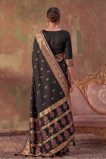 Black soft silk blend printed work saree with blouse