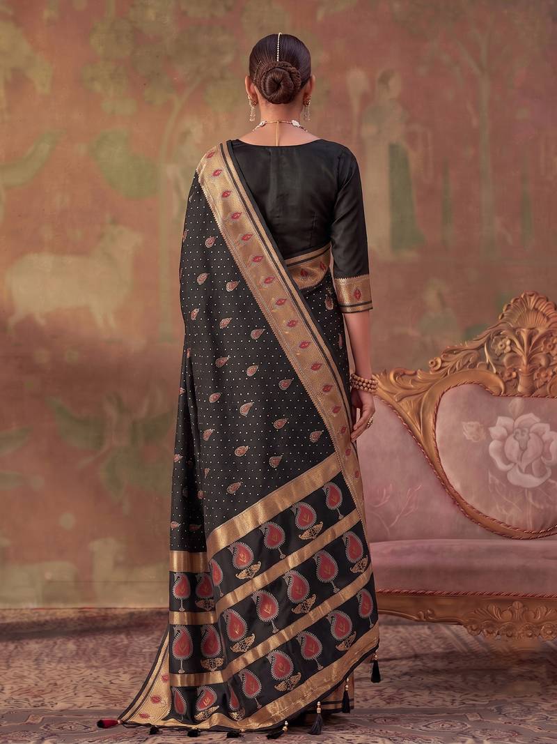 Black soft silk blend printed work saree with blouse