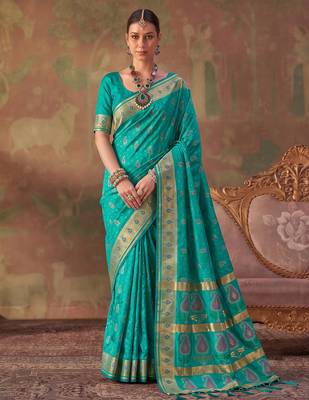 Green soft silk blend printed work saree with blouse 1