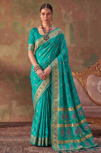 Green soft silk blend printed work saree with blouse