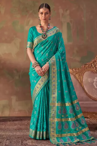 Green soft silk blend printed work saree with blouse