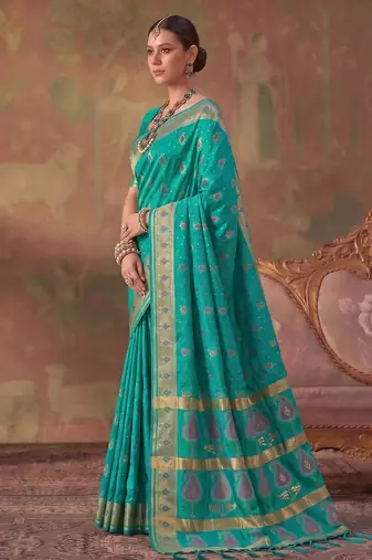 Green soft silk blend printed work saree with blouse