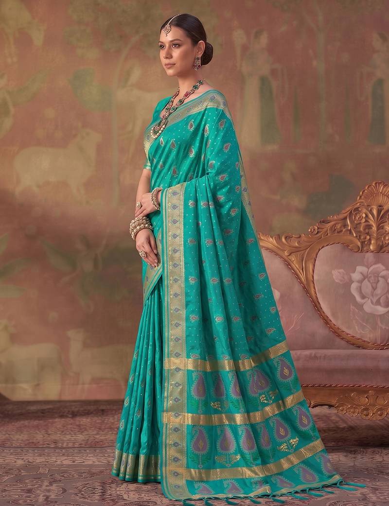 Green soft silk blend printed work saree with blouse