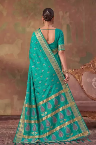 Green soft silk blend printed work saree with blouse