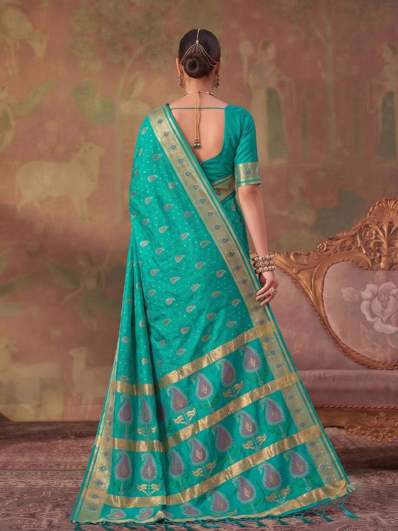 Green soft silk blend printed work saree with blouse