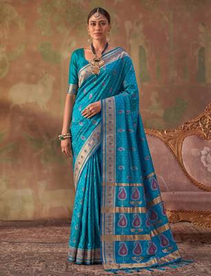 Blue soft silk blend printed work saree with blouse 1