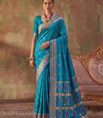 Blue soft silk blend printed work saree with blouse