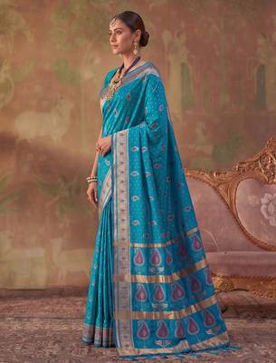 Blue soft silk blend printed work saree with blouse 2