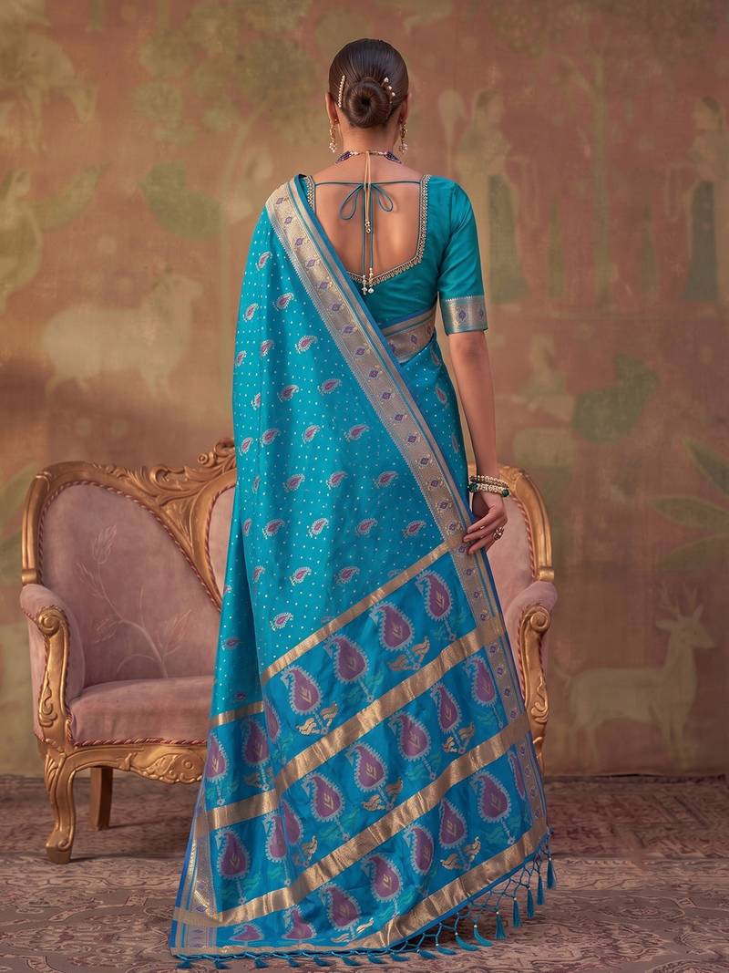 Blue soft silk blend printed work saree with blouse
