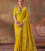 Yellow soft silk blend printed work saree with blouse