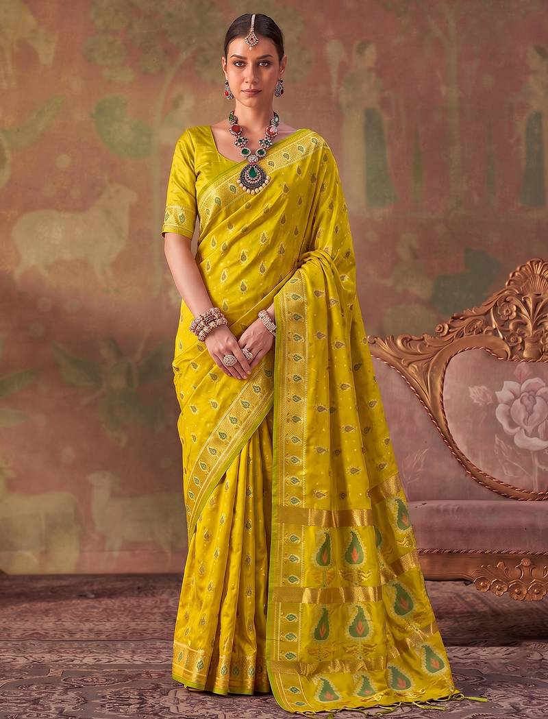 Yellow soft silk blend printed work saree with blouse