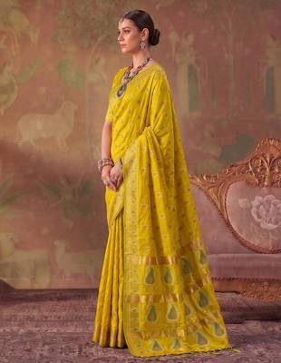 Yellow soft silk blend printed work saree with blouse 2